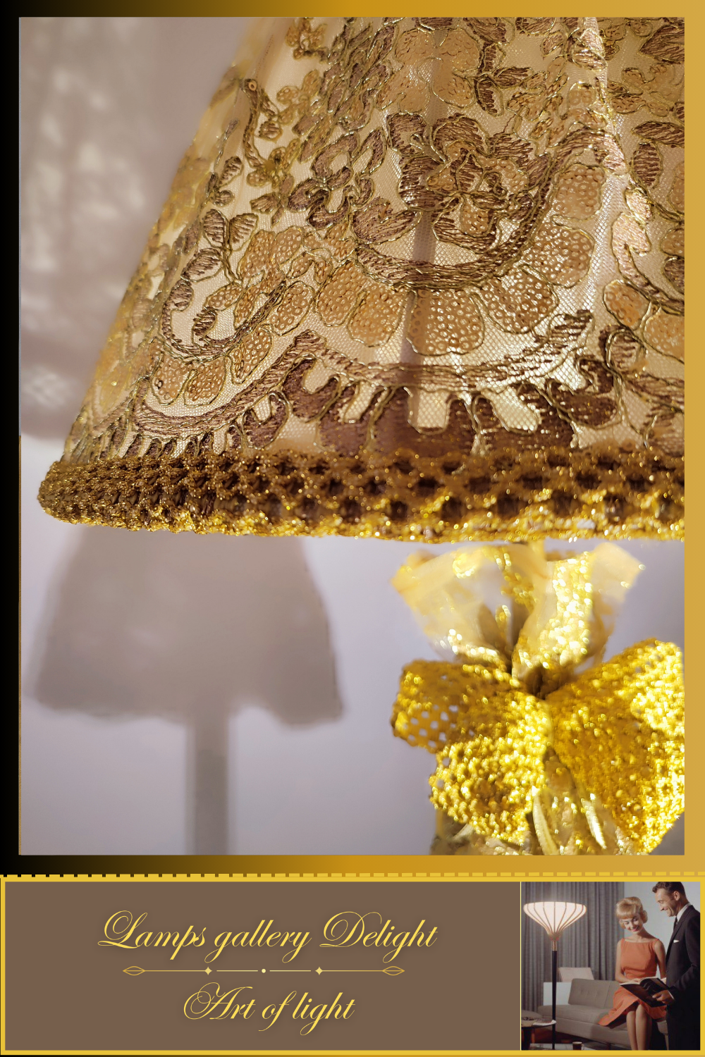 Floor lamp, art deco lamp, floor lamp with a fabric golden lampshade. 1115
