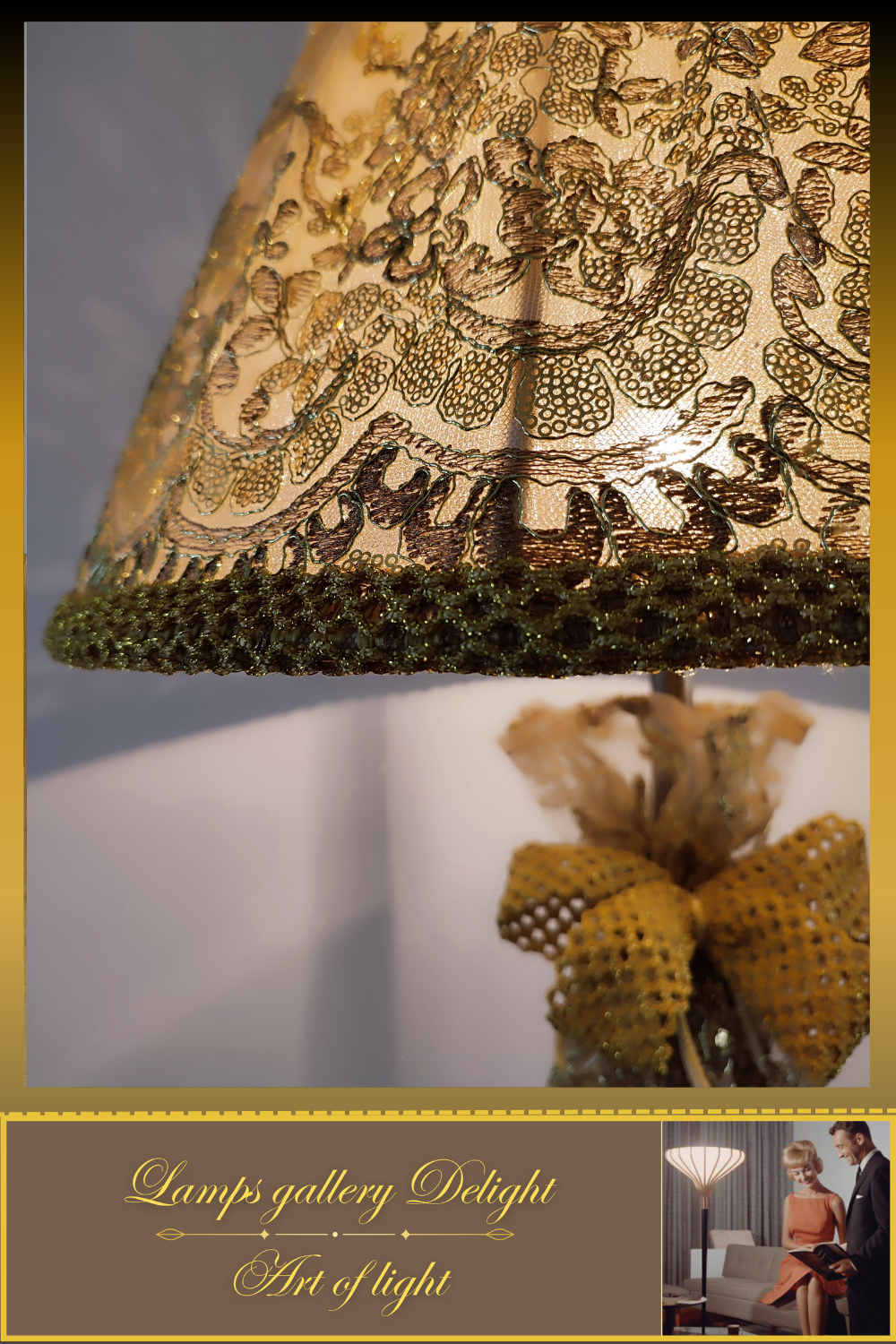 Floor lamp, art deco lamp, floor lamp with a fabric golden lampshade. 1115