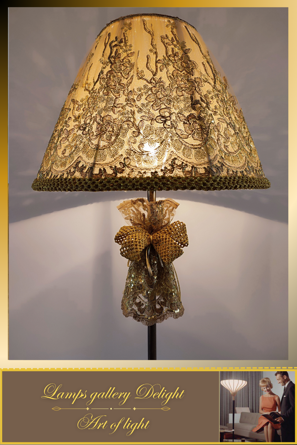 Floor lamp, art deco lamp, floor lamp with a fabric golden lampshade. 1115