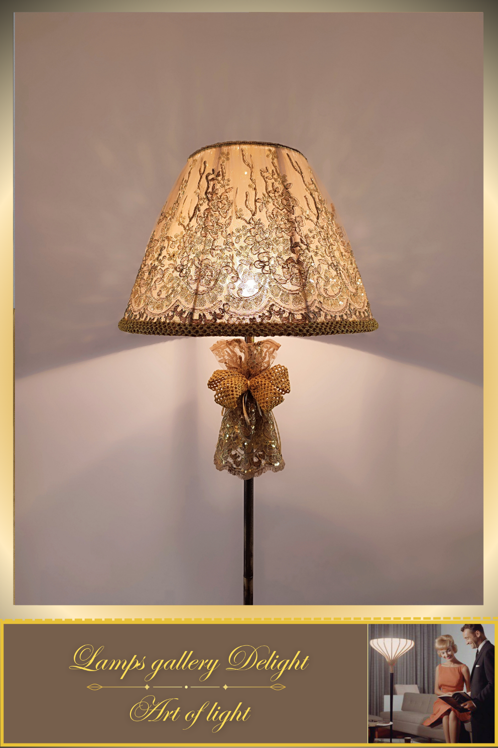 Floor lamp, art deco lamp, floor lamp with a fabric golden lampshade. 1115