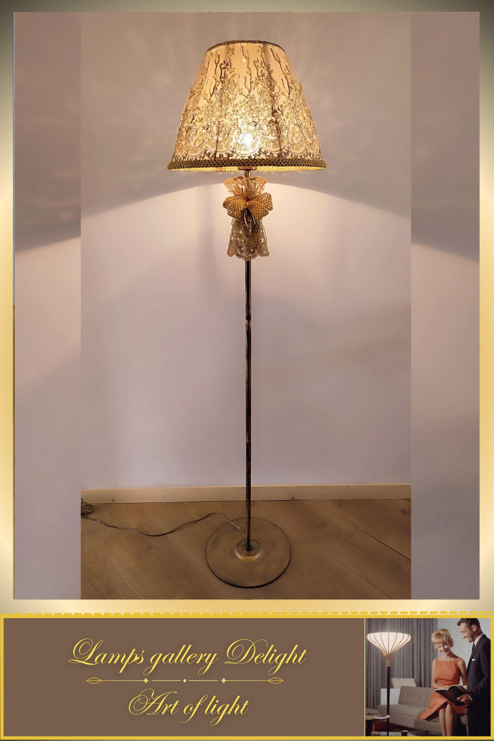 Floor lamp, art deco lamp, floor lamp with a fabric golden lampshade. 1115