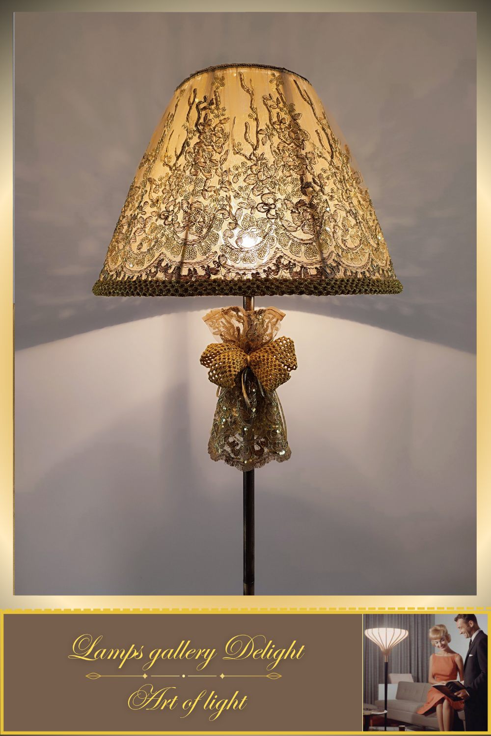 Floor lamp, art deco lamp, floor lamp with a fabric golden lampshade. 1115