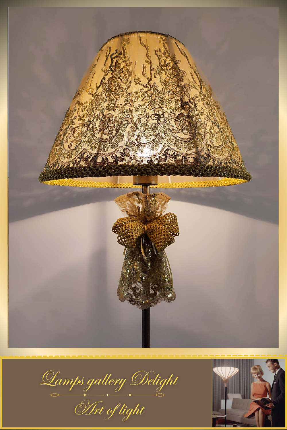 Floor lamp, art deco lamp, floor lamp with a fabric golden lampshade. 1115