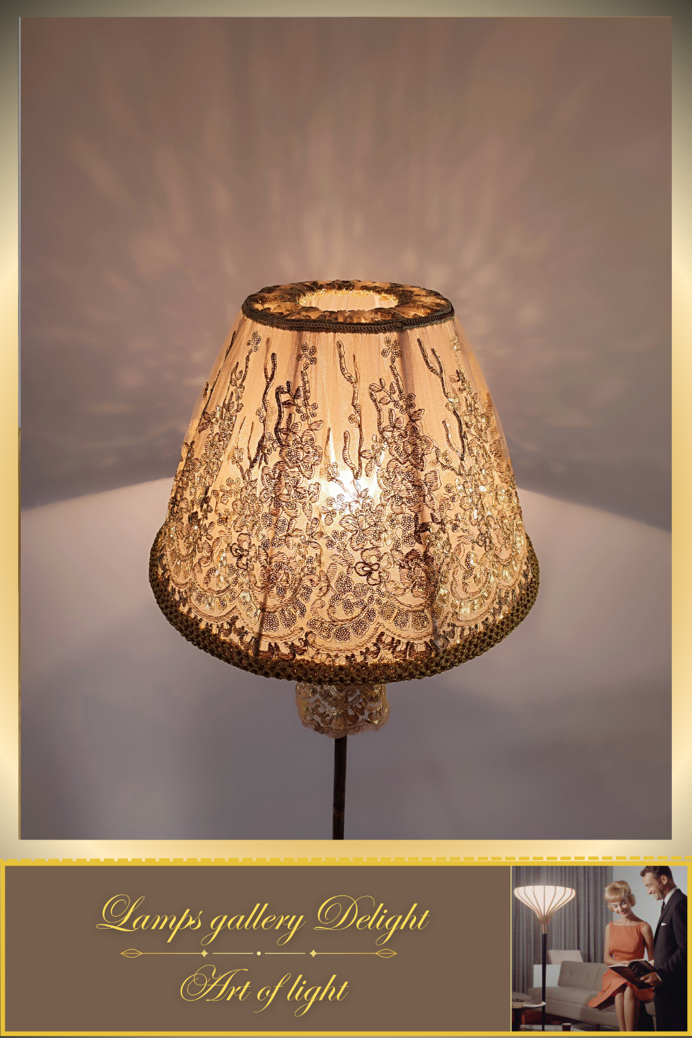 Floor lamp, art deco lamp, floor lamp with a fabric golden lampshade. 1115