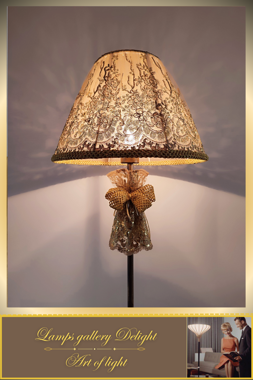 Floor lamp, art deco lamp, floor lamp with a fabric golden lampshade. 1115