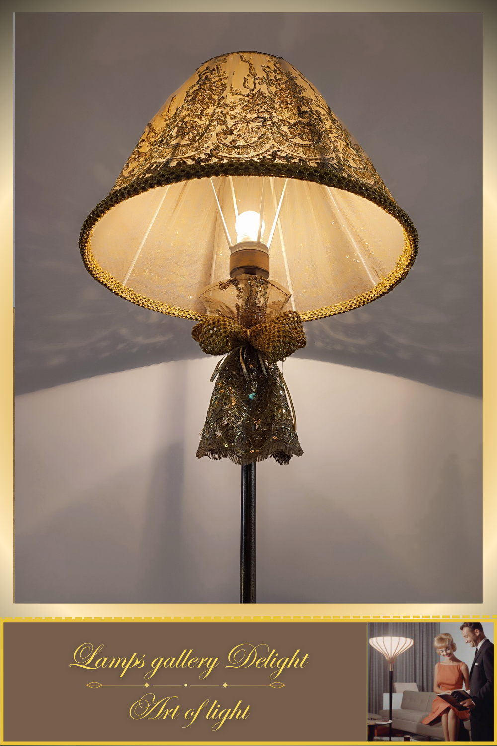 Floor lamp, art deco lamp, floor lamp with a fabric golden lampshade. 1115