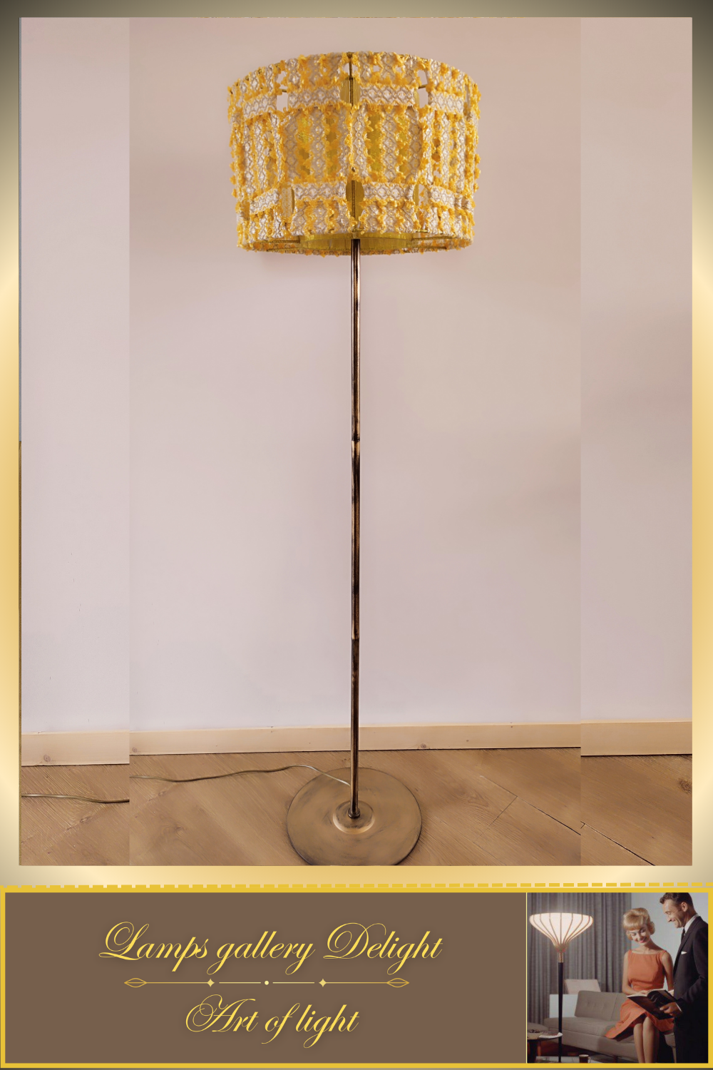 Floor lamp with a yellow lace shade. 4903 Product to order!
