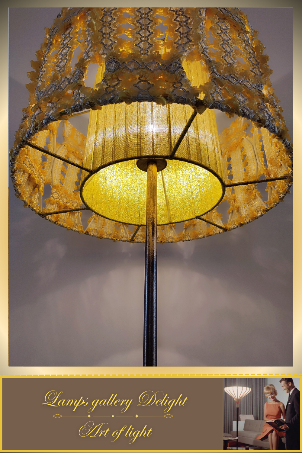 Floor lamp with a yellow lace shade. 4903 Product to order!