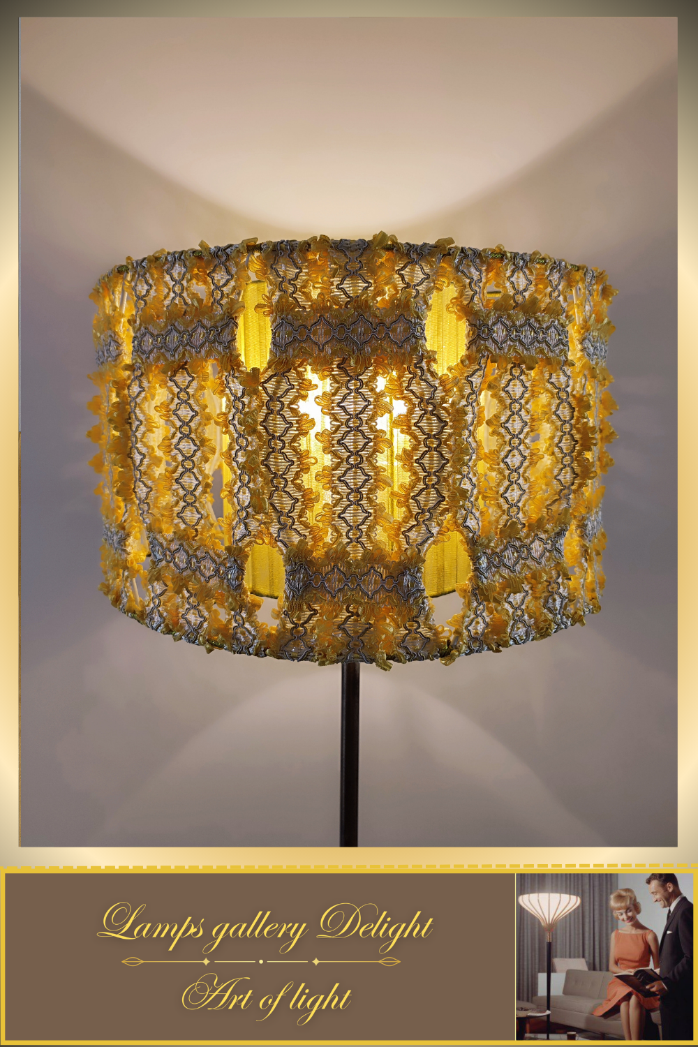 Floor lamp with a yellow lace shade. 4903 Product to order!