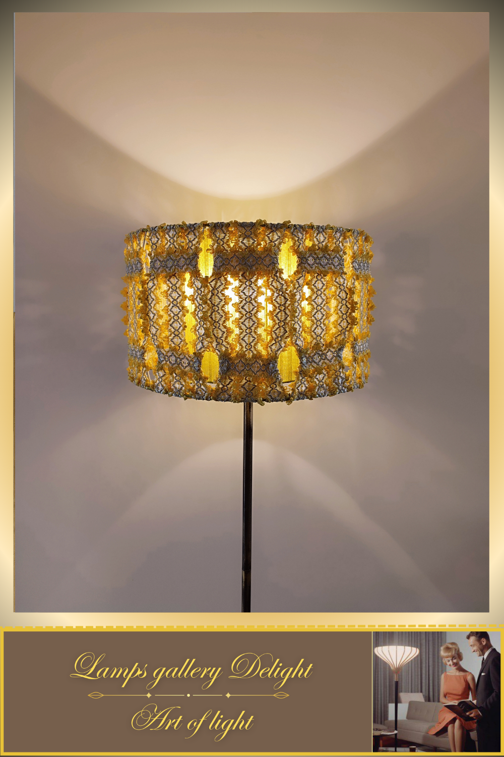 Floor lamp with a yellow lace shade. 4903 Product to order!