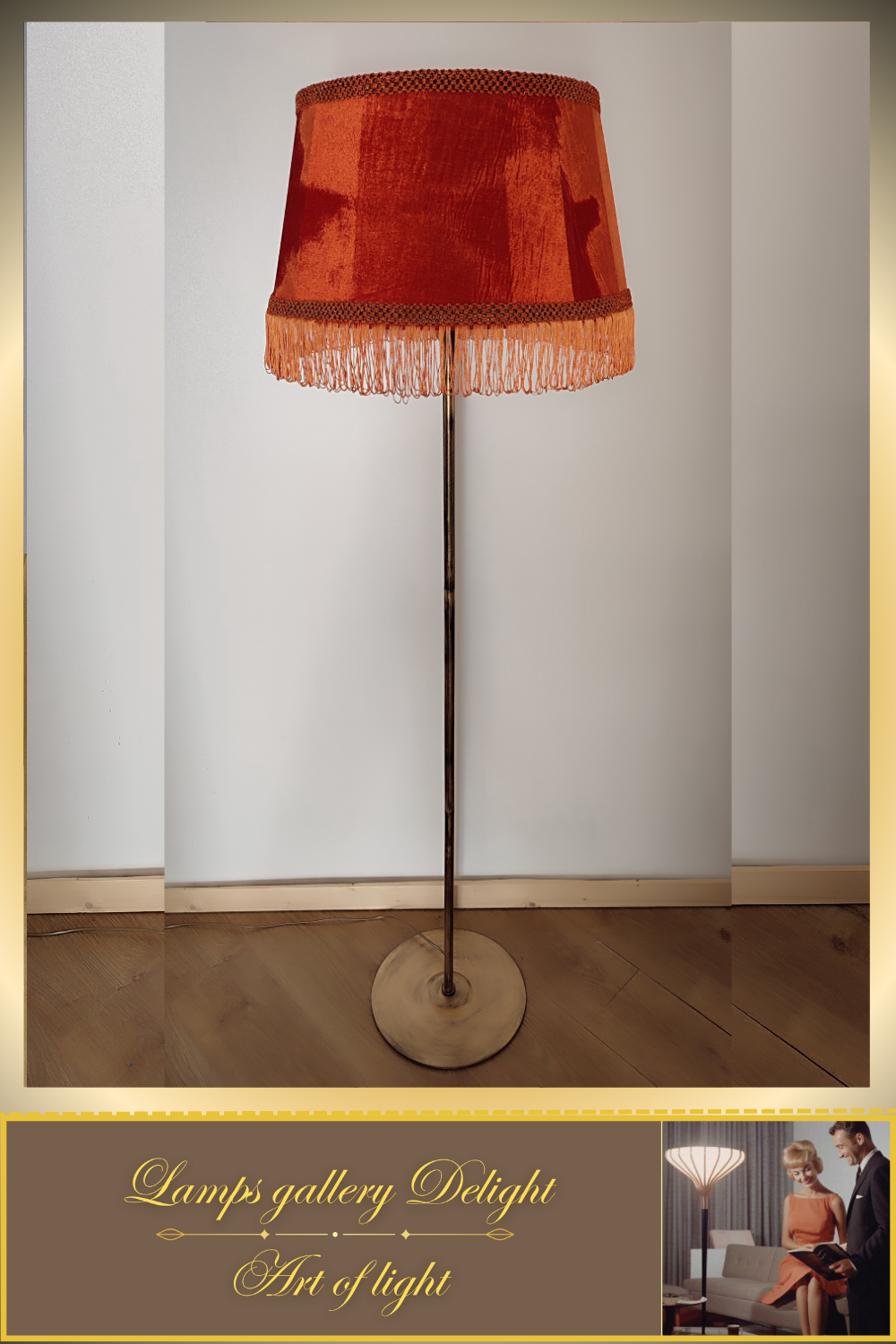 Floor lamp with a classic orange velor lampshade. PRODUCT TO ORDER. 6507