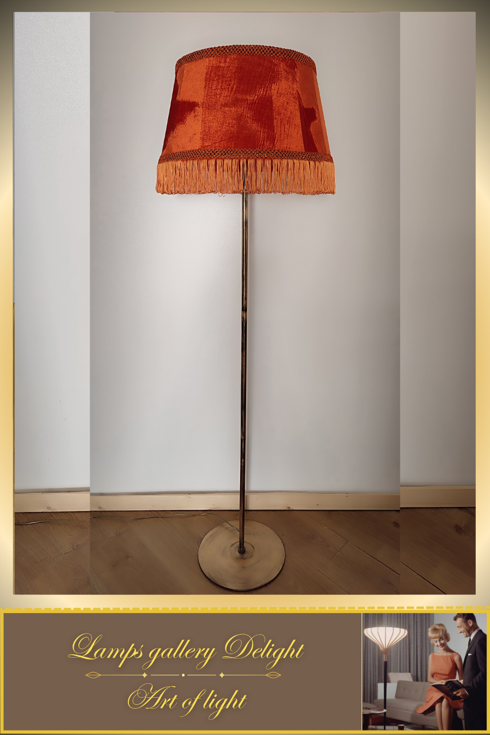 Floor lamp with a classic orange velor lampshade. PRODUCT TO ORDER. 6507