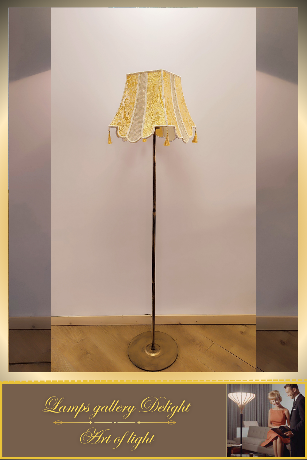 Floor lamp, art deco lamp, a floor lamp with a golden shade. 6002