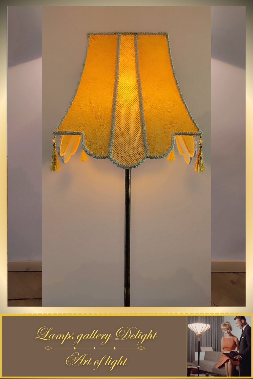 Floor lamp, art deco lamp, a floor lamp with a golden shade. 6002