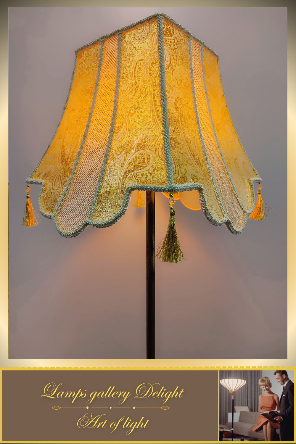 Floor lamp, art deco lamp, a floor lamp with a golden shade. 6002