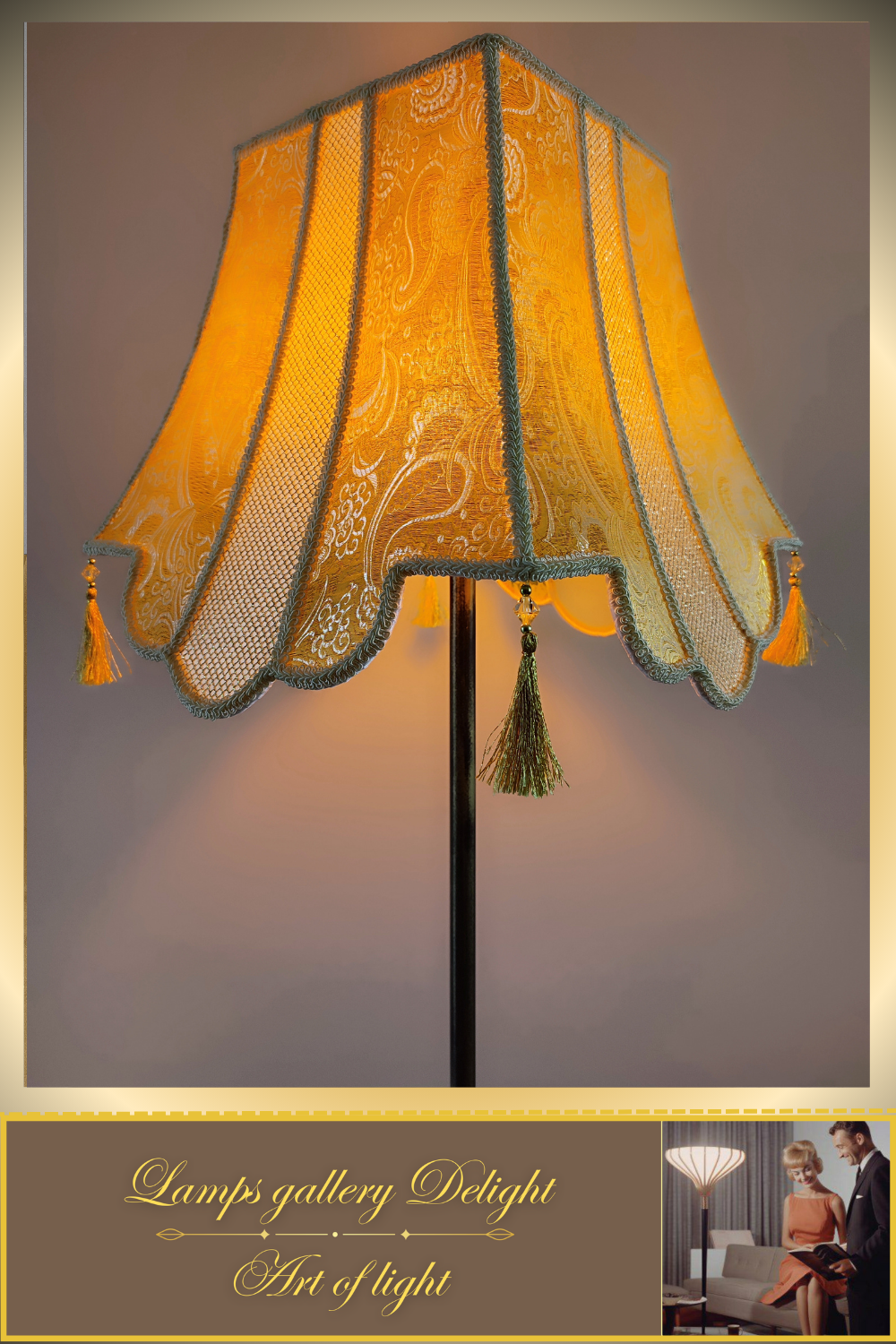 Floor lamp, art deco lamp, a floor lamp with a golden shade. 6002