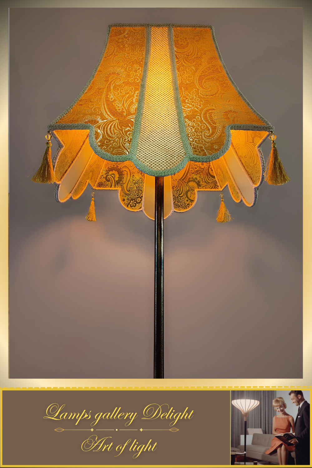 Floor lamp, art deco lamp, a floor lamp with a golden shade. 6002