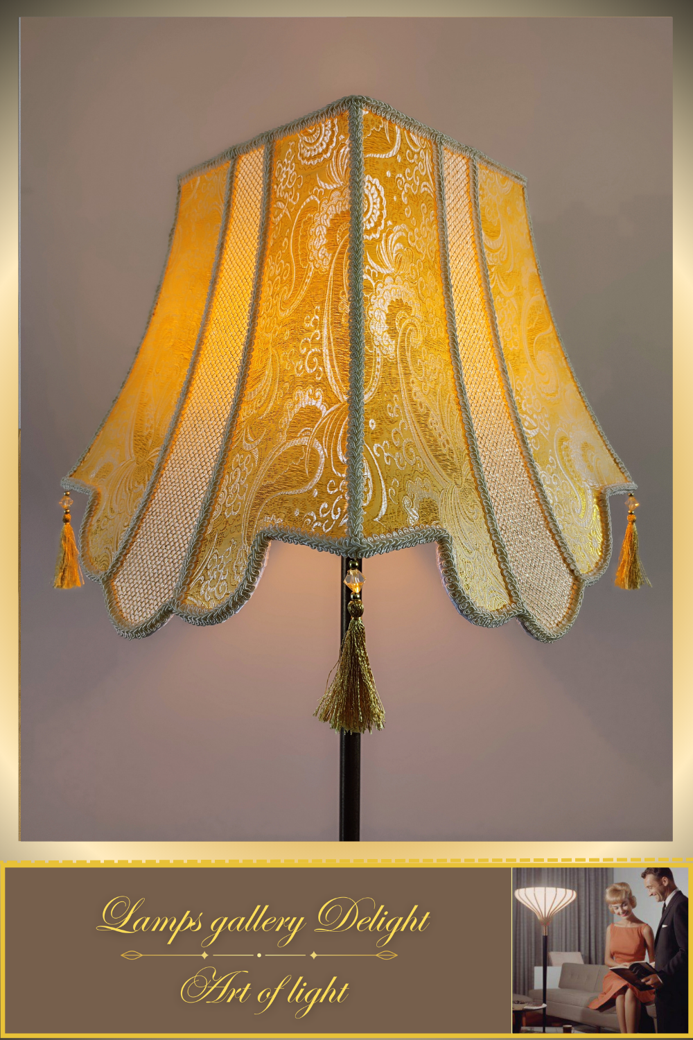 Floor lamp, art deco lamp, a floor lamp with a golden shade. 6002