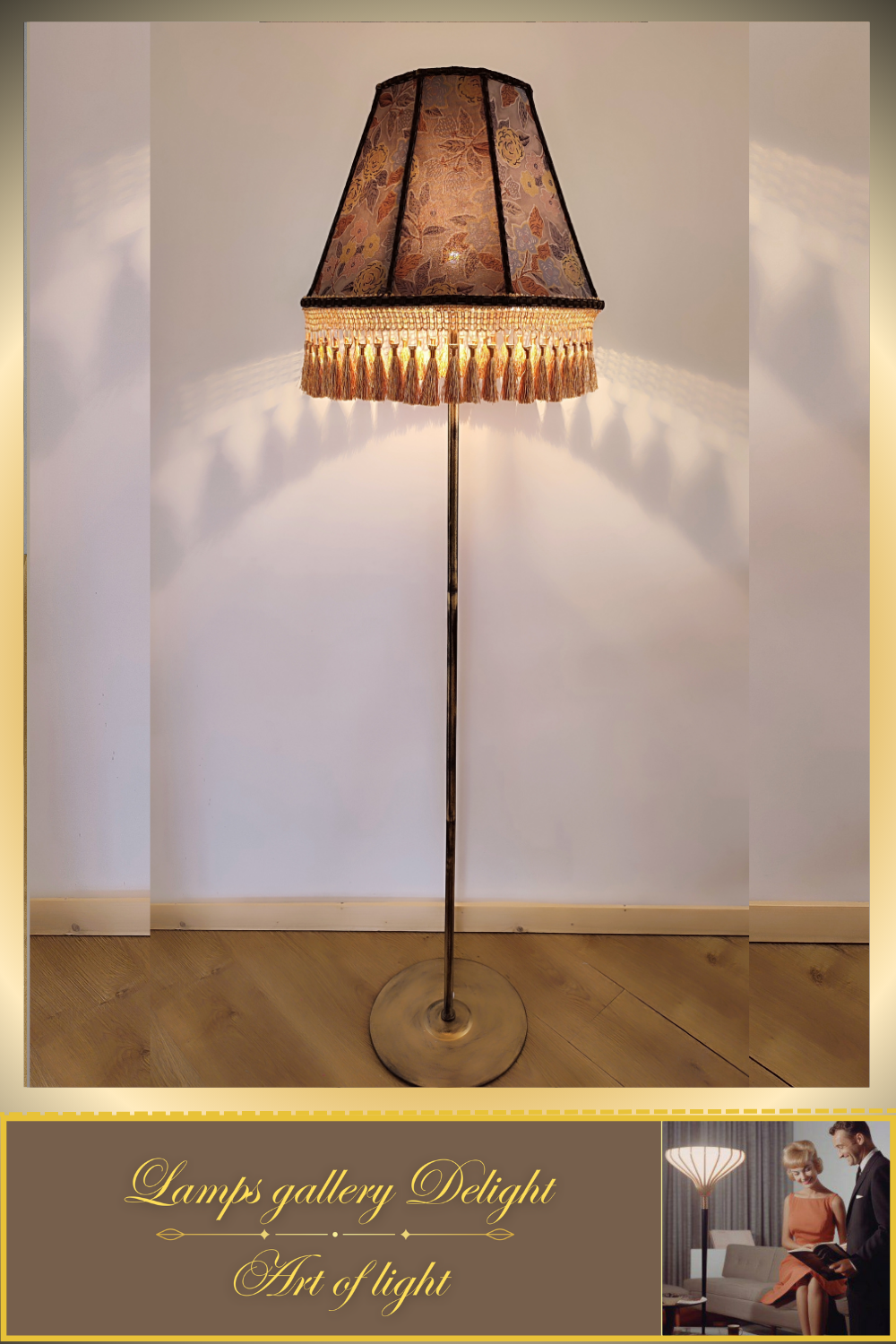 Floor lamp, floral lamp, Victorian floral lampshade with fringe - a large patterned accent lamp. 1105