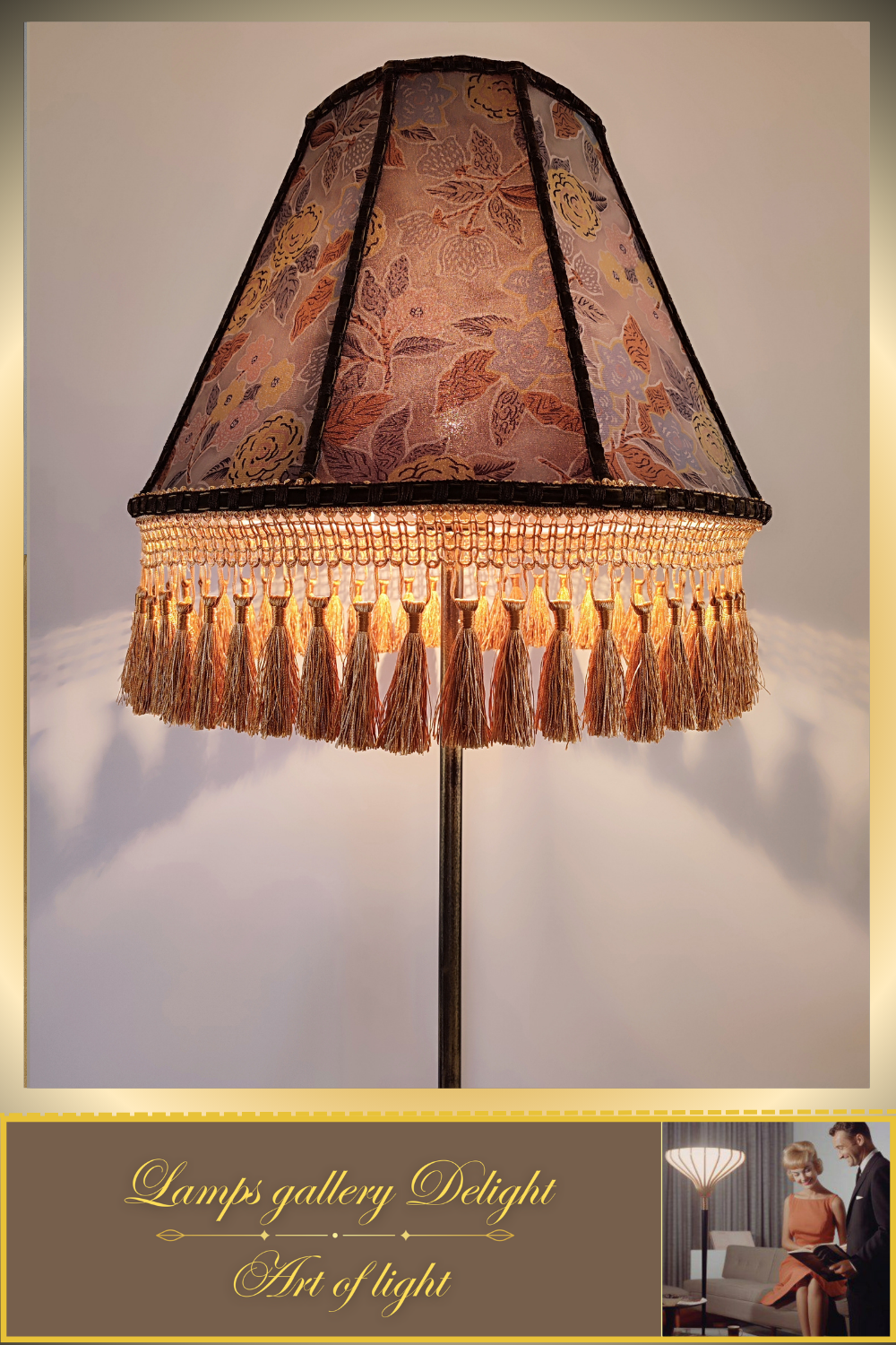 Floor lamp, floral lamp, Victorian floral lampshade with fringe - a large patterned accent lamp. 1105