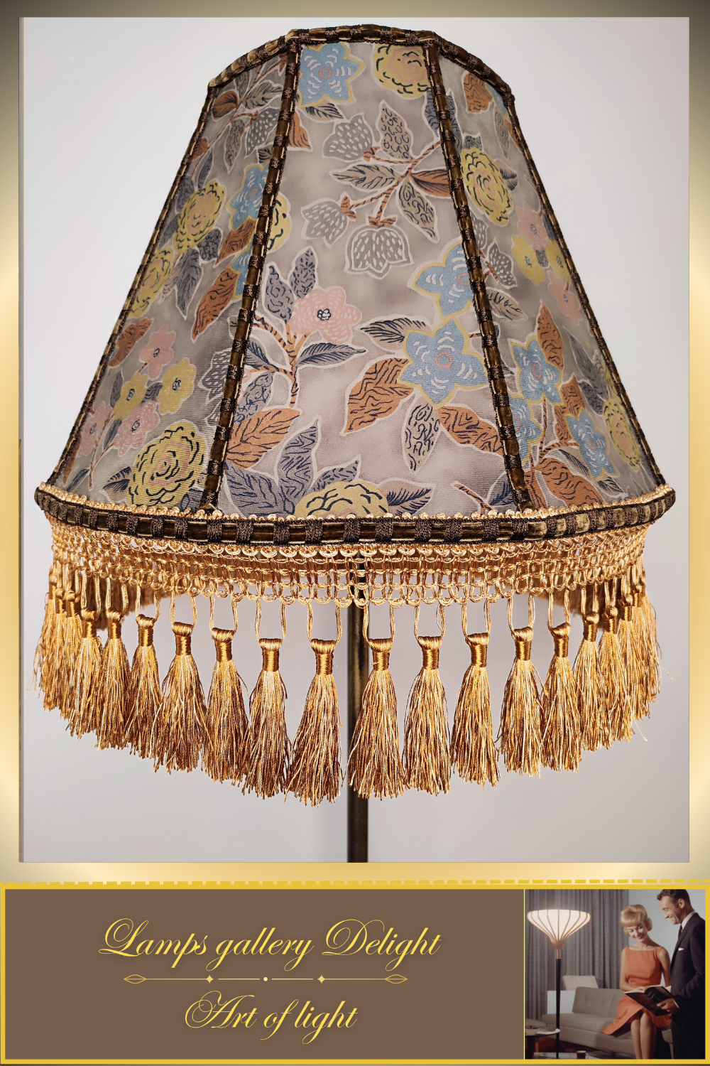 Floor lamp, floral lamp, Victorian floral lampshade with fringe - a large patterned accent lamp. 1105