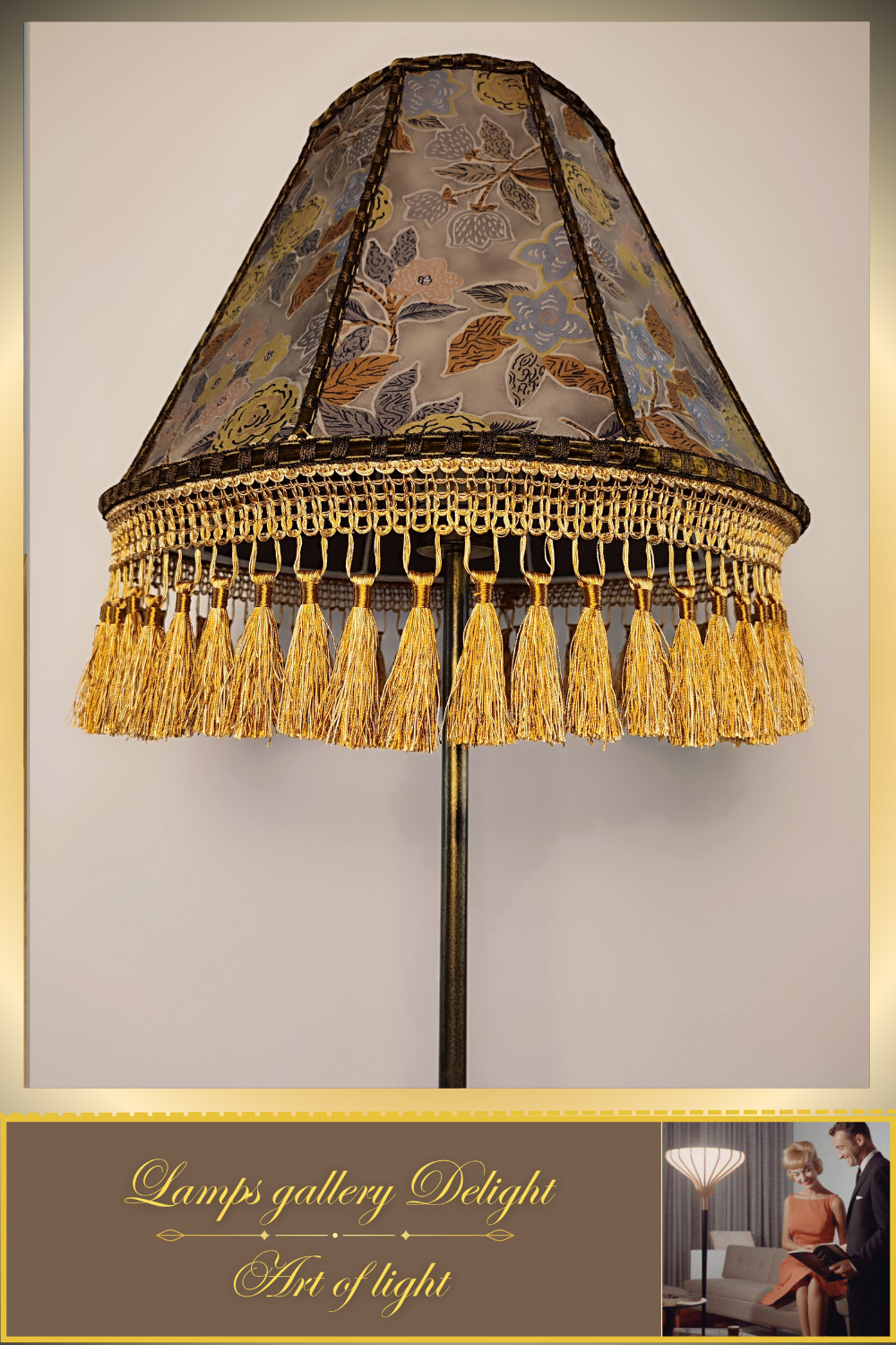 Floor lamp, floral lamp, Victorian floral lampshade with fringe - a large patterned accent lamp. 1105
