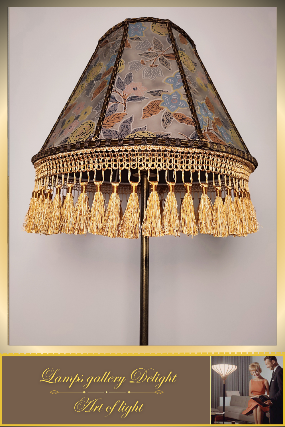 Floor lamp, floral lamp, Victorian floral lampshade with fringe - a large patterned accent lamp. 1105