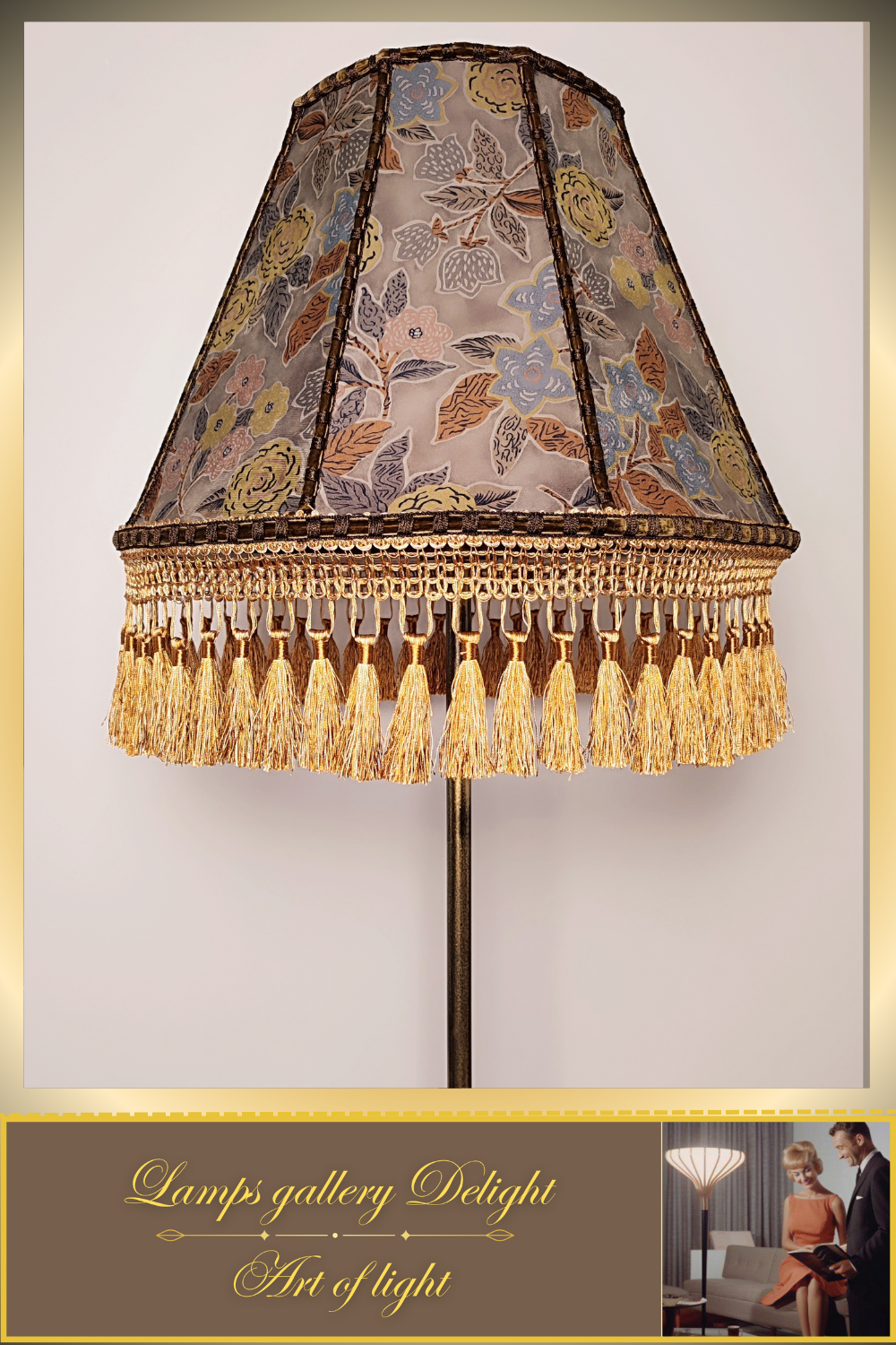 Floor lamp, floral lamp, Victorian floral lampshade with fringe - a large patterned accent lamp. 1105