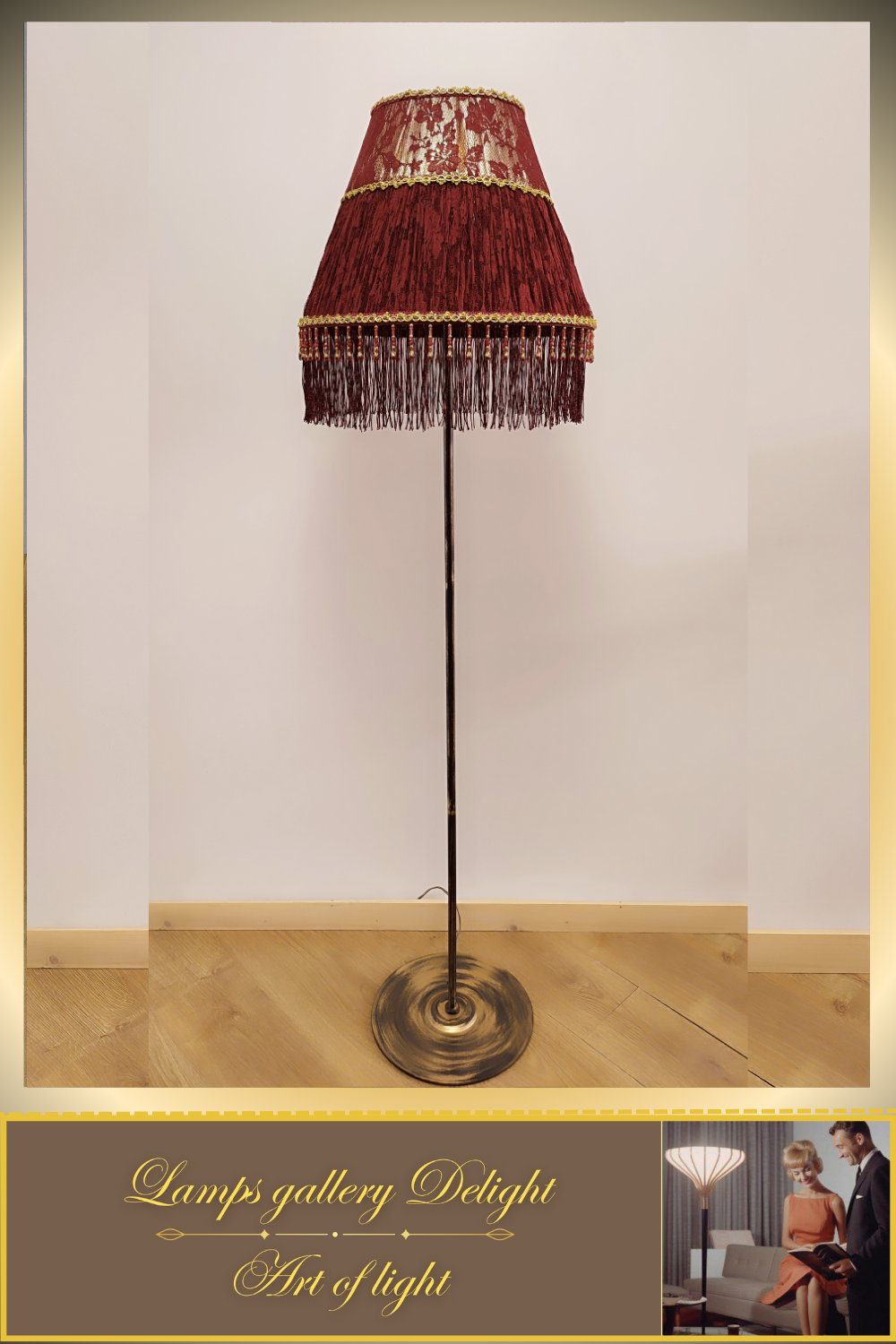 Handcrafted floor lamp with burgundy guipure lace and beaded fringe. № 3105