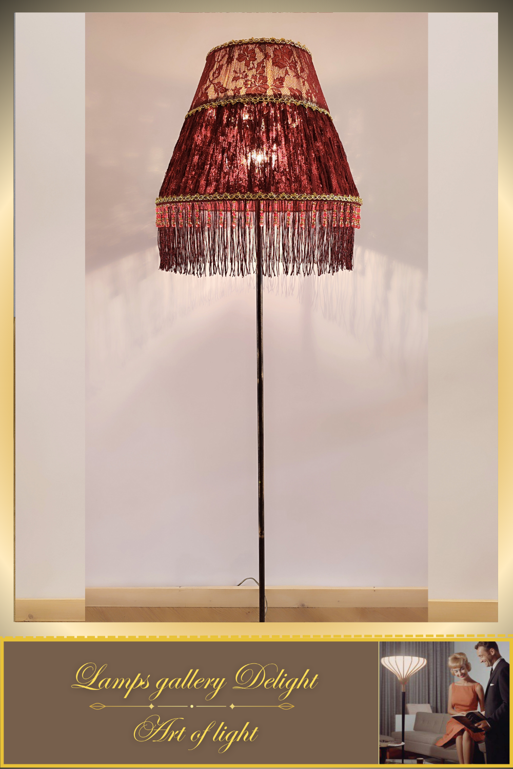 Floor lamp. Red Victorian floor lamp with burgundy colored fabric shade in Victorian style. 3105