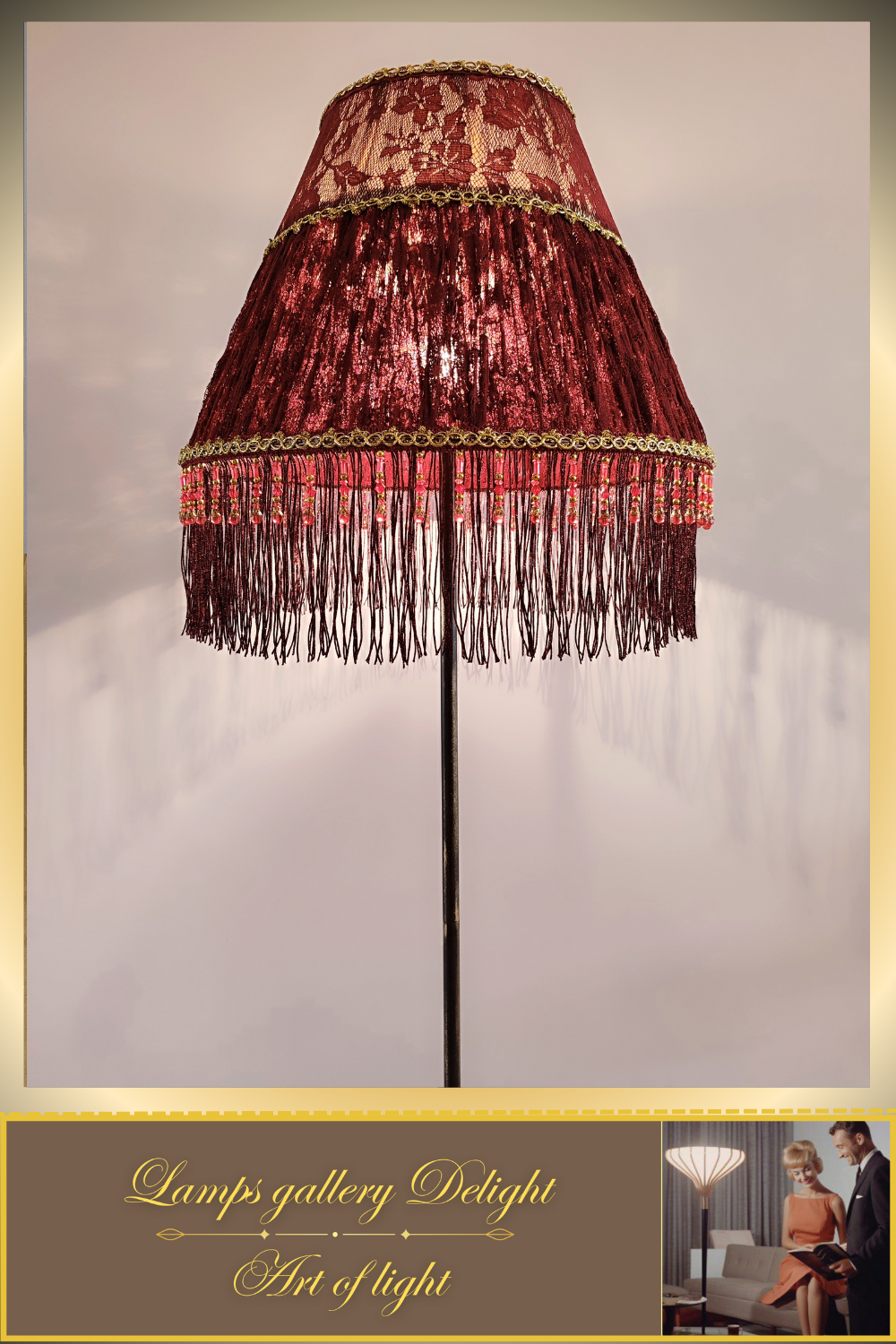 Floor lamp. Red Victorian floor lamp with burgundy colored fabric shade in Victorian style. 3105