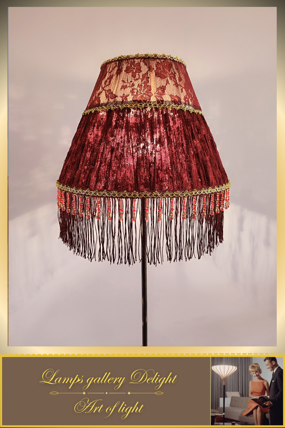 Floor lamp. Red Victorian floor lamp with burgundy colored fabric shade in Victorian style. 3105