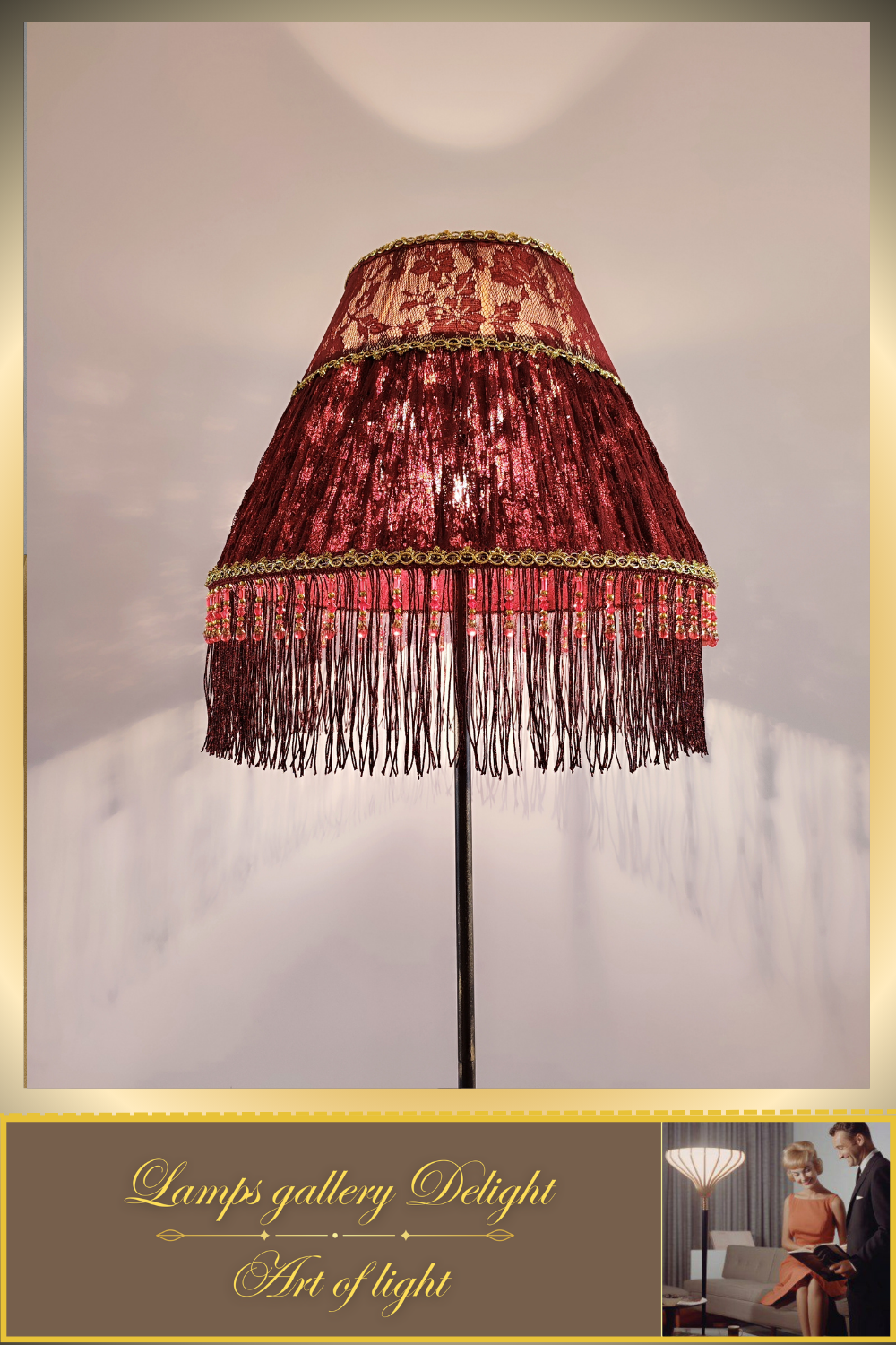 Floor lamp. Red Victorian floor lamp with burgundy colored fabric shade in Victorian style. 3105