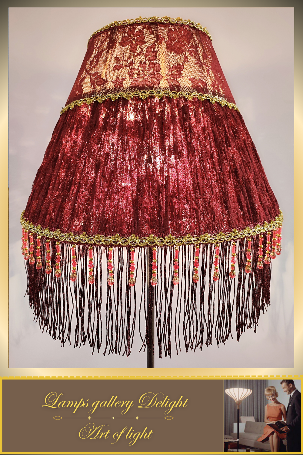 Floor lamp. Red Victorian floor lamp with burgundy colored fabric shade in Victorian style. 3105