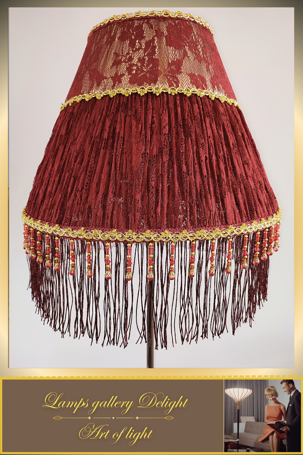 Floor lamp. Red Victorian floor lamp with burgundy colored fabric shade in Victorian style. 3105