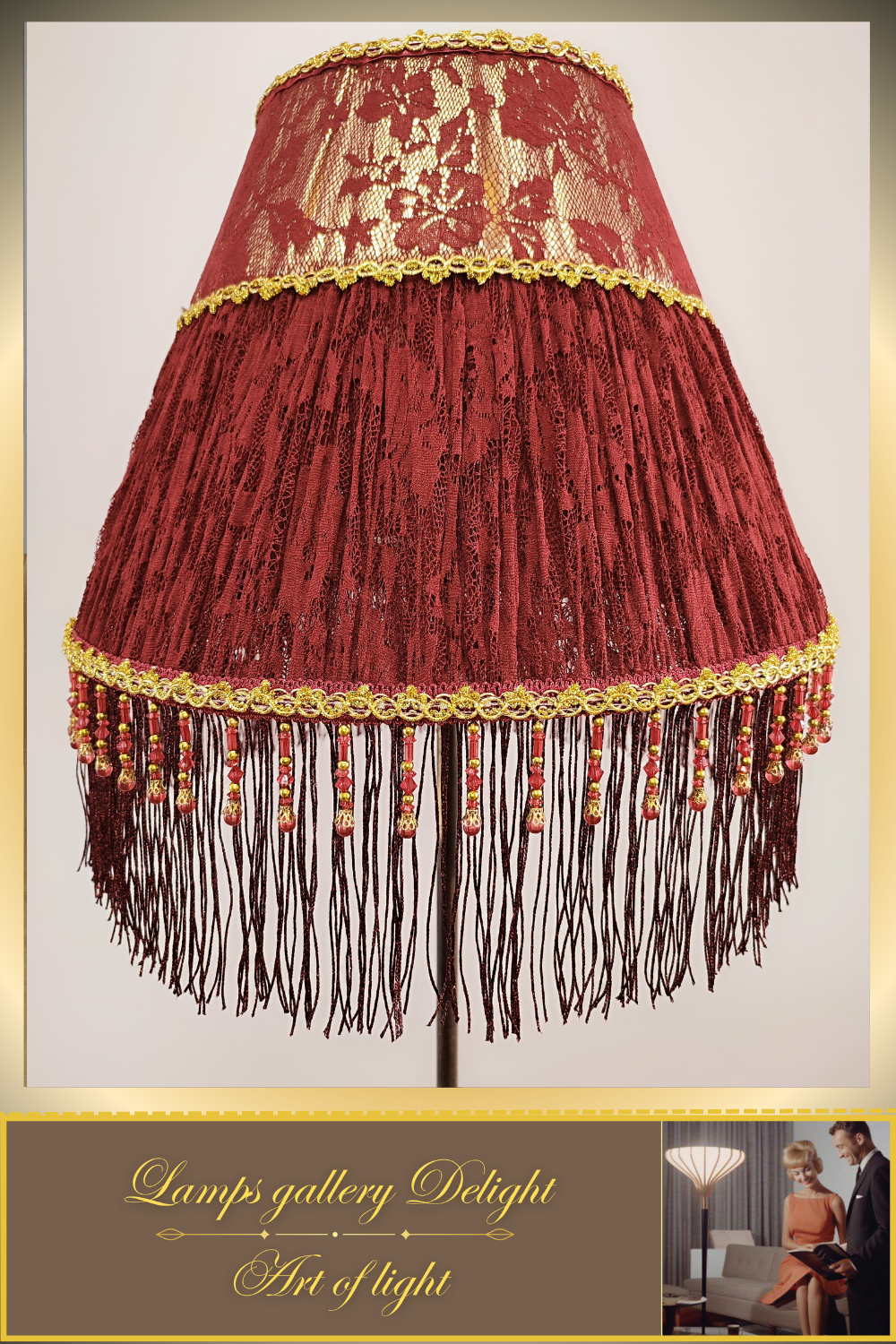 Floor lamp. Red Victorian floor lamp with burgundy colored fabric shade in Victorian style. 3105