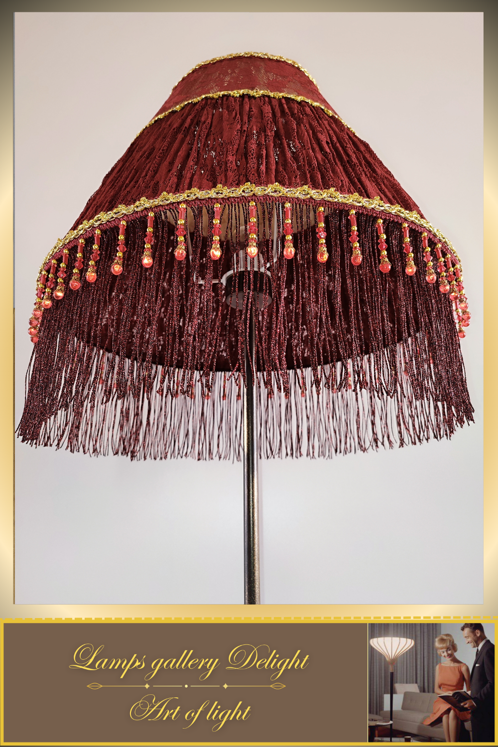 Floor lamp. Red Victorian floor lamp with burgundy colored fabric shade in Victorian style. 3105