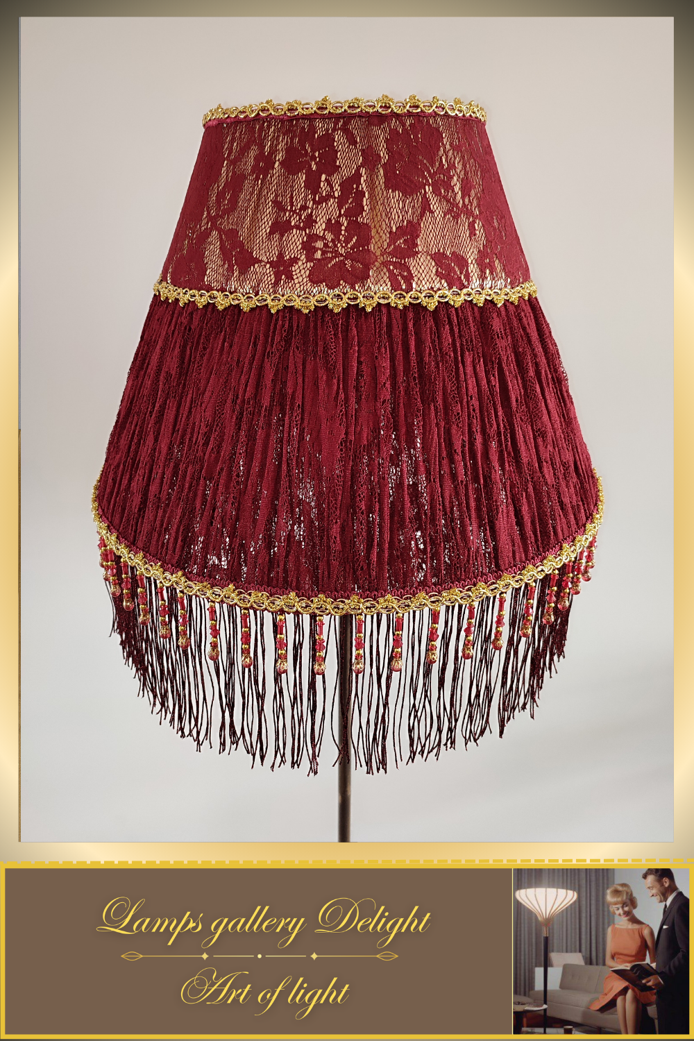 Floor lamp. Red Victorian floor lamp with burgundy colored fabric shade in Victorian style. 3105