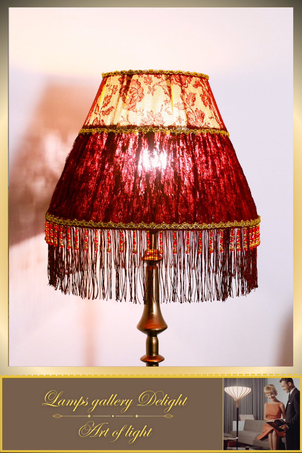 Floor lamp. Red Victorian floor lamp with burgundy colored fabric shade in Victorian style. 3105