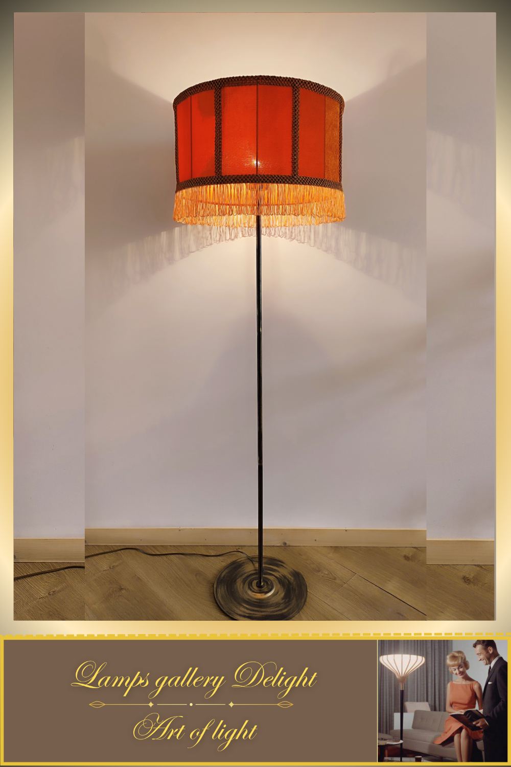 Large orange velvet lampshade with handmade fringe for floor lamps. № 5807 We'll make it to order