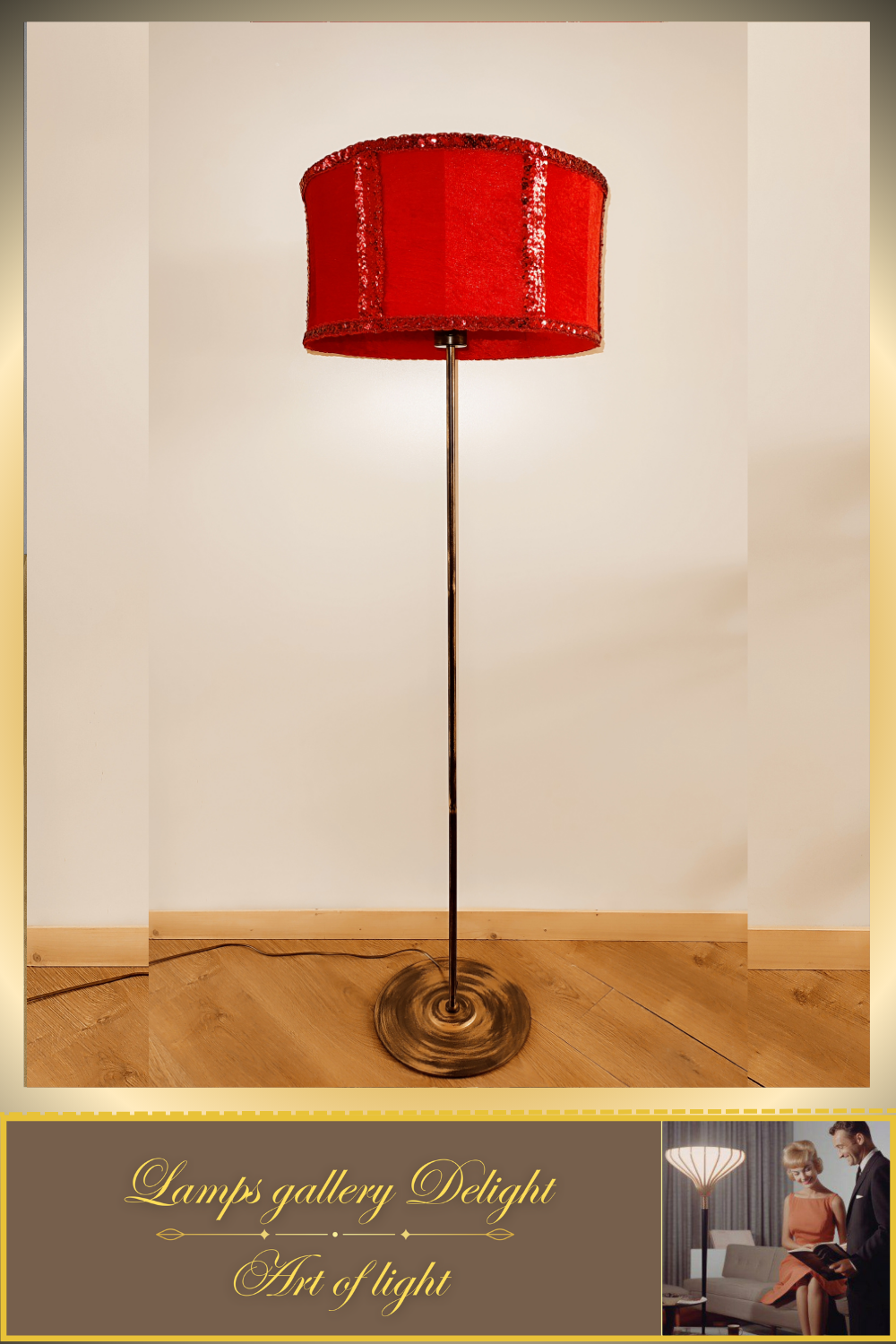 Floor lamp, art deco lamp, red lamp, fabric shade, handmade home lamp. 5802