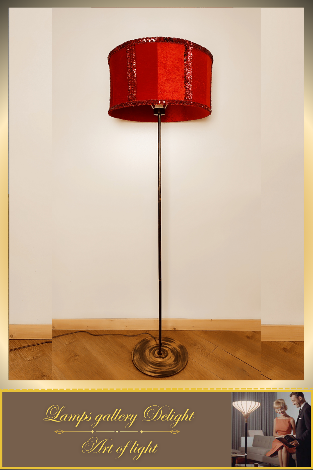 Floor lamp, art deco lamp, red lamp, fabric shade, handmade home lamp. 5802