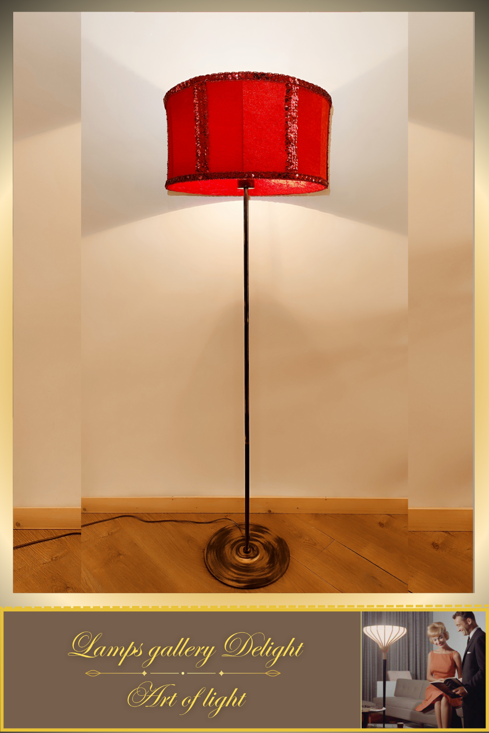 Floor lamp, art deco lamp, red lamp, fabric shade, handmade home lamp. 5802