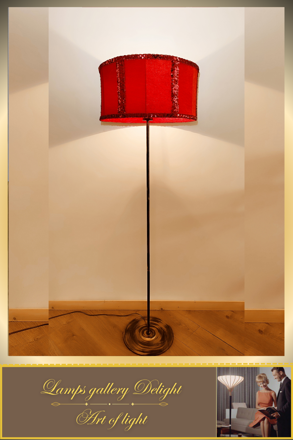 Floor lamp, art deco lamp, red lamp, fabric shade, handmade home lamp. 5802