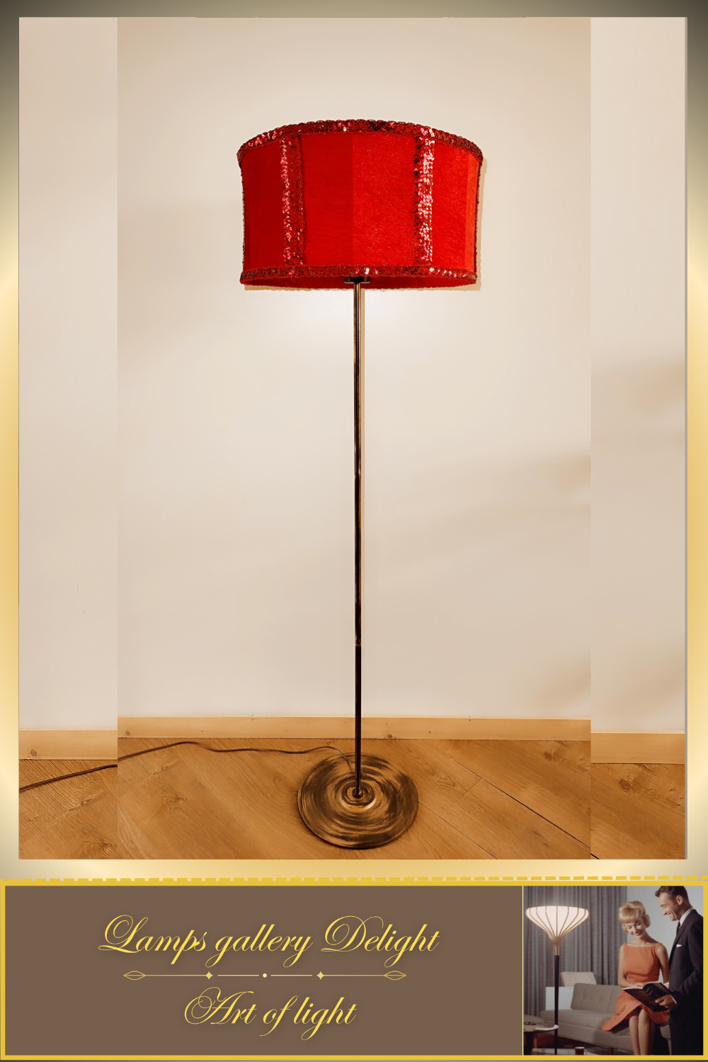 Floor lamp, art deco lamp, red lamp, fabric shade, handmade home lamp. 5802