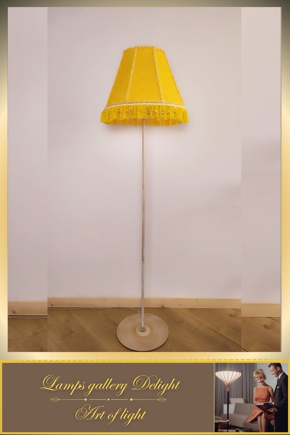 A handmade yellow floor lamp decorated with sequins and beads. № 1114