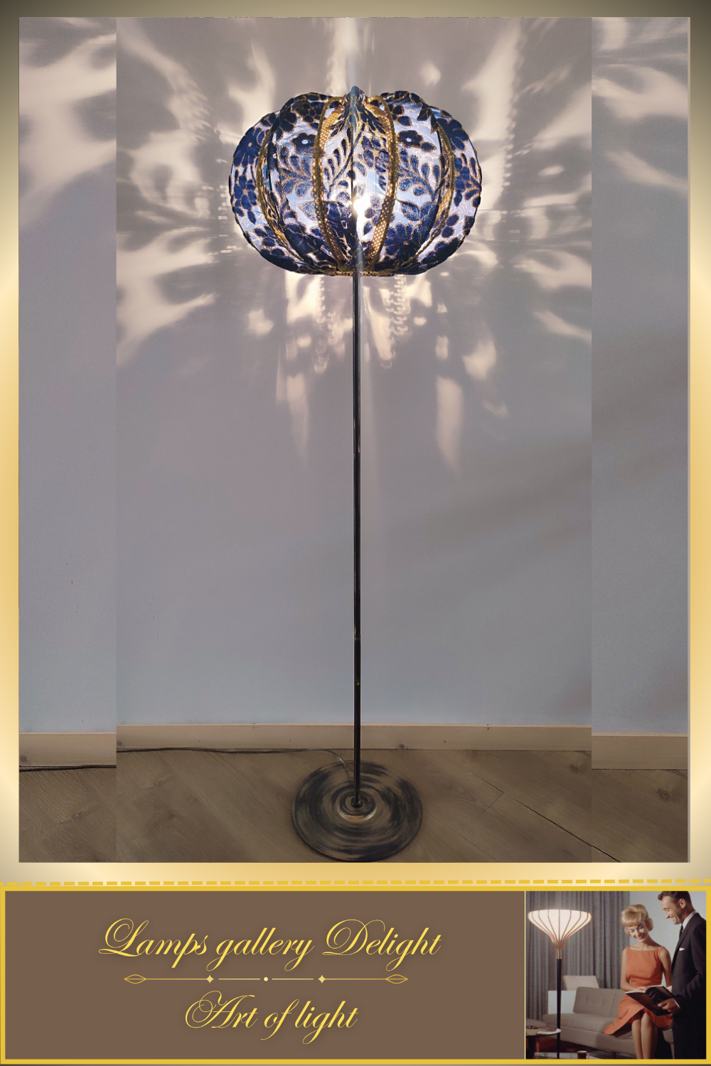 Floor lamp, art deco style floor lamp, blue and gold fabric shade, Unique lamp, handmade! 320301