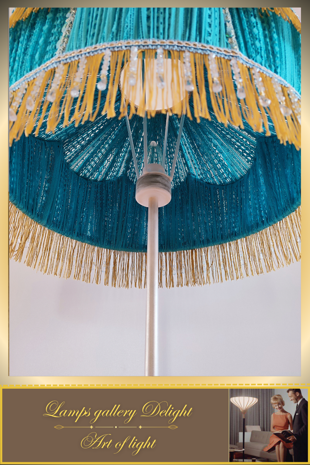 Handcrafted floor lamp with a turquoise shade featuring fringe and beads. № 1701