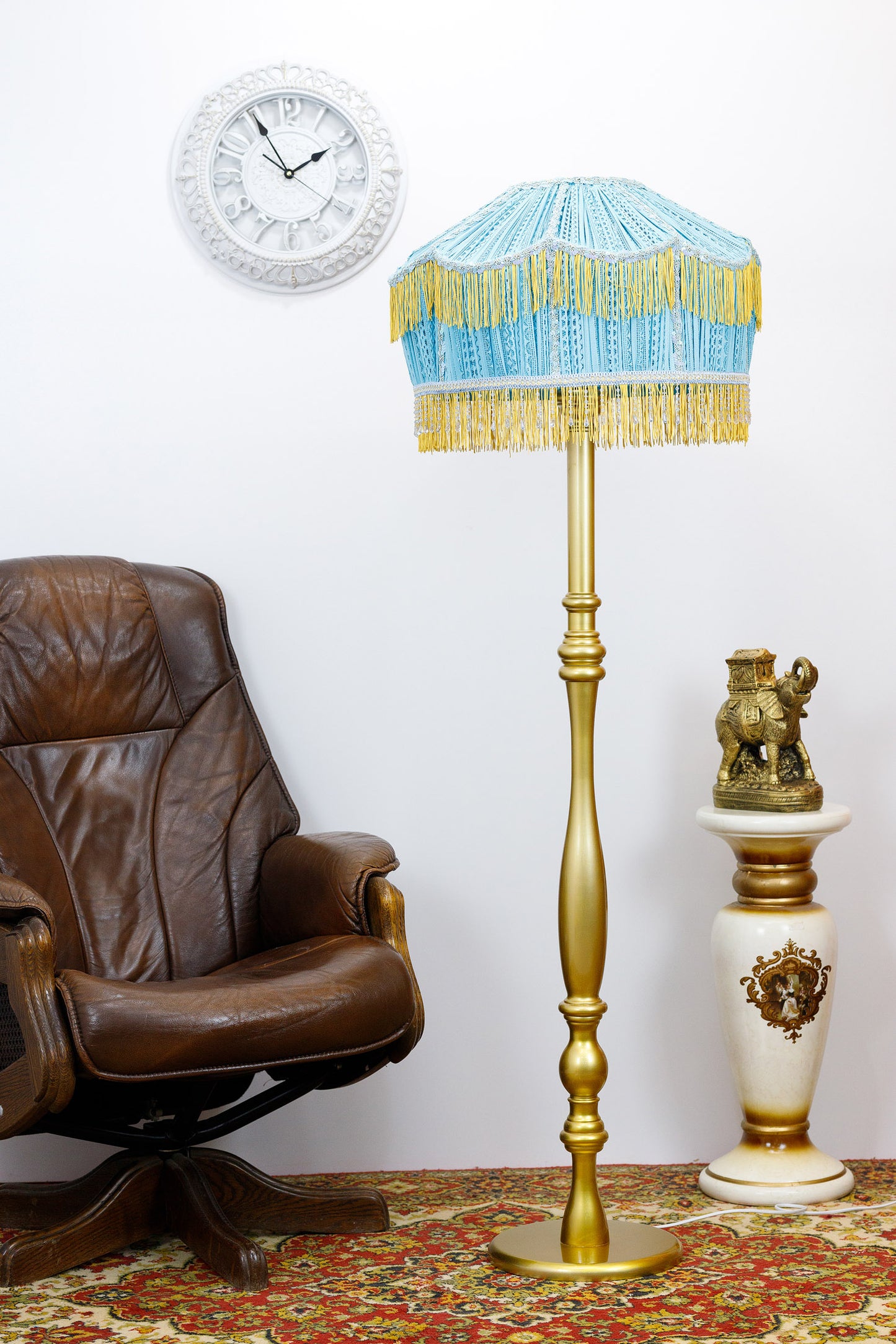 Lampshade. Art Deco Turquoise Guipure Lampshade with Long Fringe