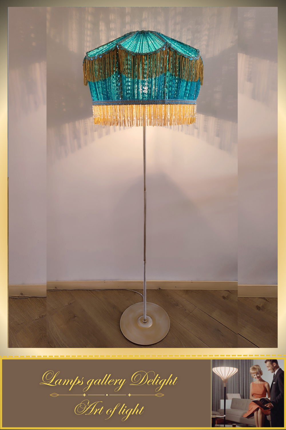 Floor lamp, Victorian style, floor lamp with turquoise fabric shade, Unique lamp. 1701